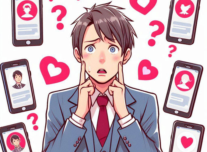世の中にマッチングアプリが増えすぎて、戸惑っている様子の若い日本人男性